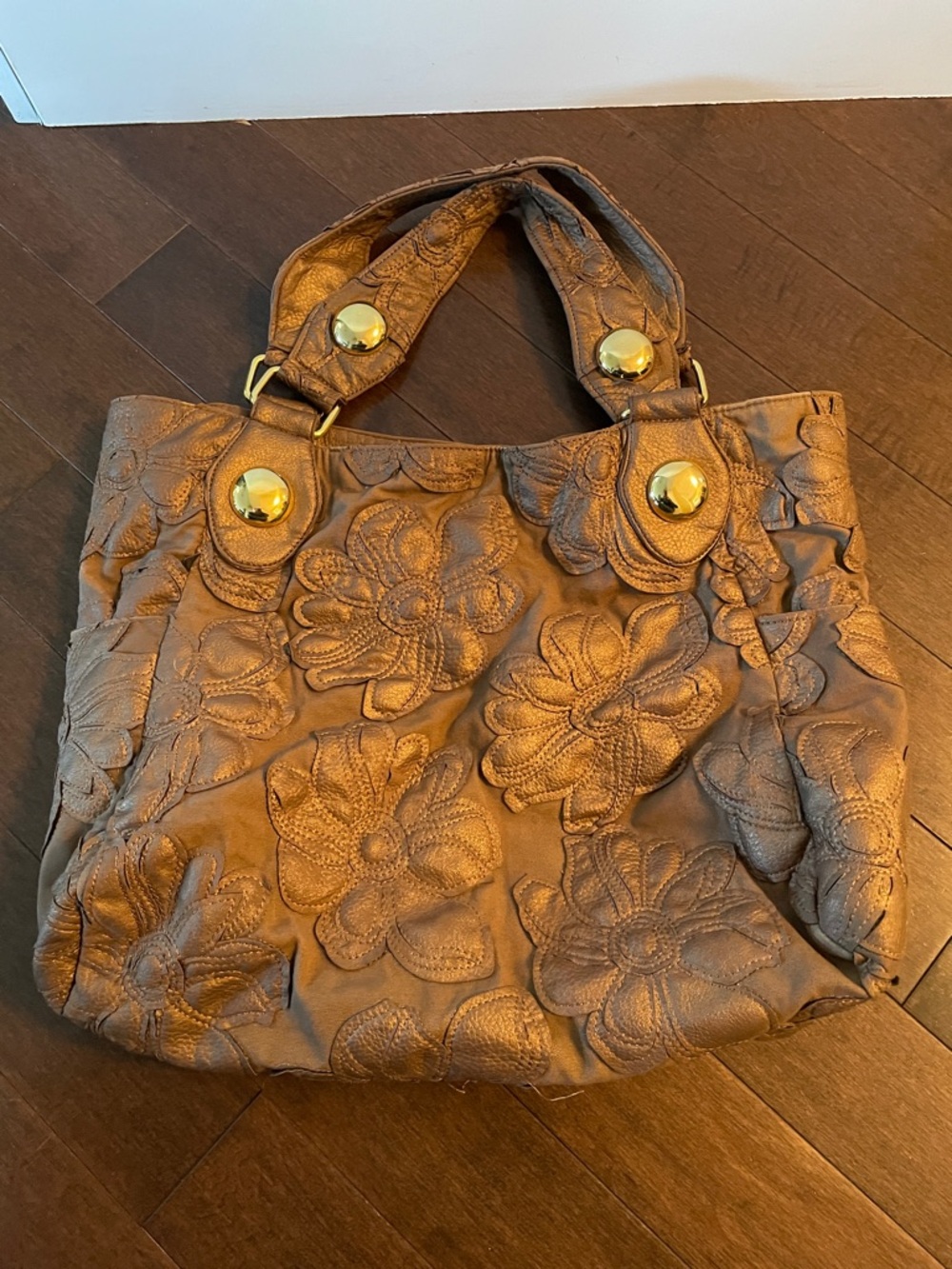 Big Buddha Brown Floral Appliqué Shoulder Bag with Gold Accents